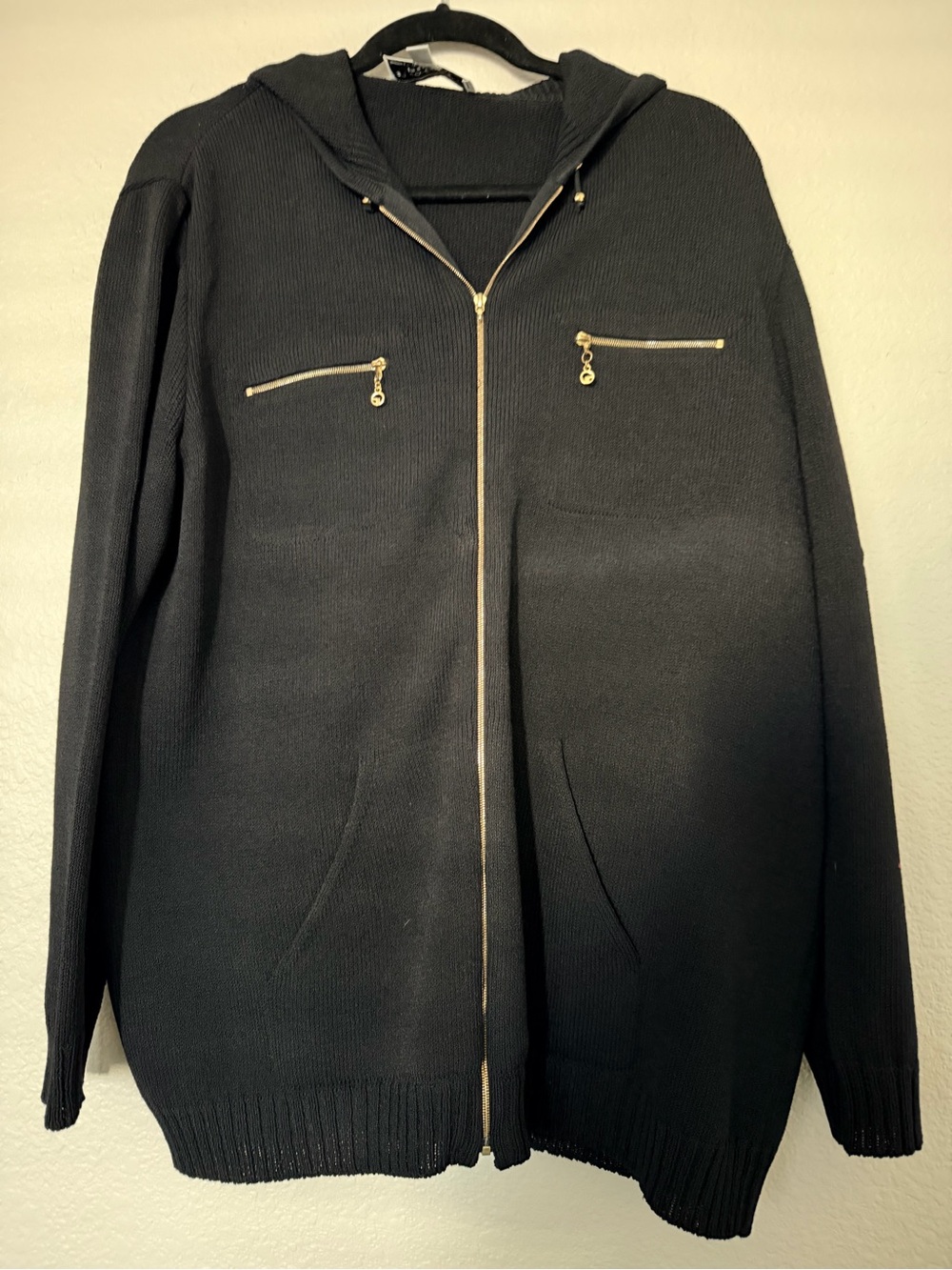 St John Black Zip-Up Hooded Sweater with Gold Accents
